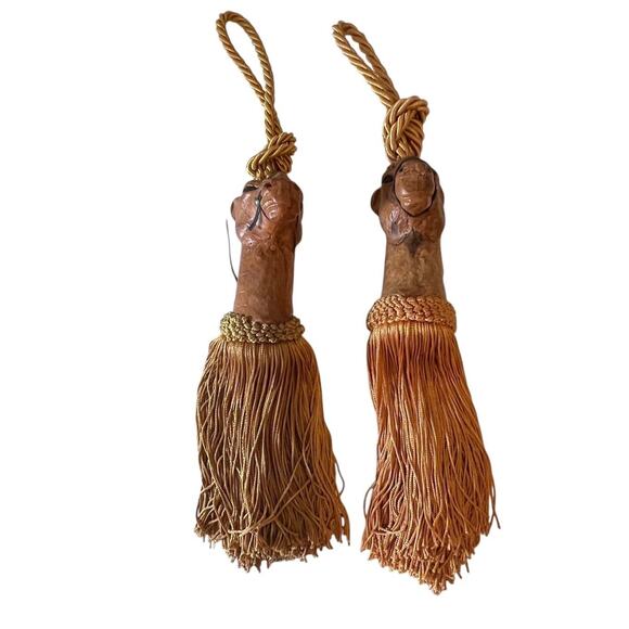 Vintage Camel Head Drapery Holdbacks Pair Hand Carved Leather & Rope Tassels 14" - Picture 1 of 10